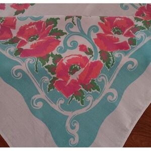 Vintage 50s Printed Tablecloth Pink Jadeite Floral Tropical Linen 52"